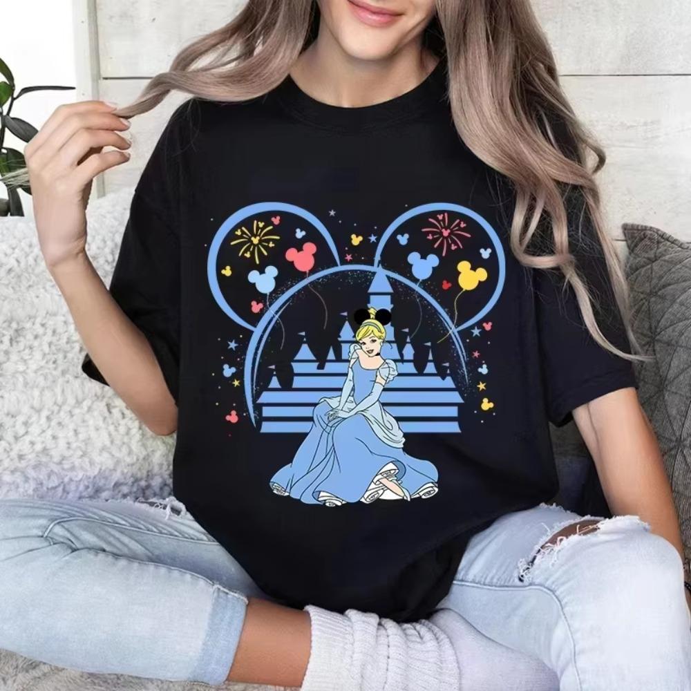 Disney Aschenputtel Mode Sommer Bedrucktes Damen T-Shirt Baumwolle Cartoon Damen Kurzarm Locker Weiches Oberteil Sommerkleidung