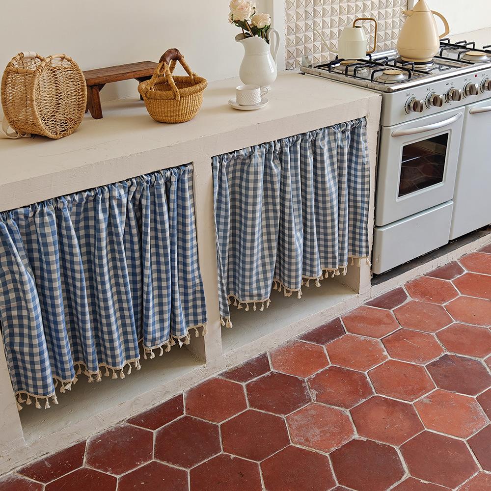 Fresh pastoral small lattice half curtain fabric floating curtain cabinet curtain coffee curtain door curtain partition curtain