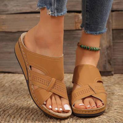 Sandali da donna con zeppa e tacco a zeppa, pantofole retrò con motivo traforato, con suola spessa in PU per scarpe da mamma