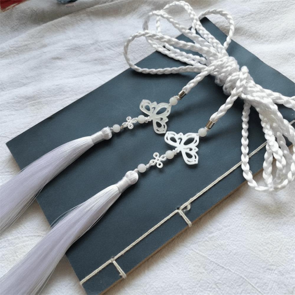 Vintage Handwoven Hanfu Waist Tie Belt Chinese Style Traditional Tassel Waist Cord Butterfly Pendant Waist Rope for Men Women