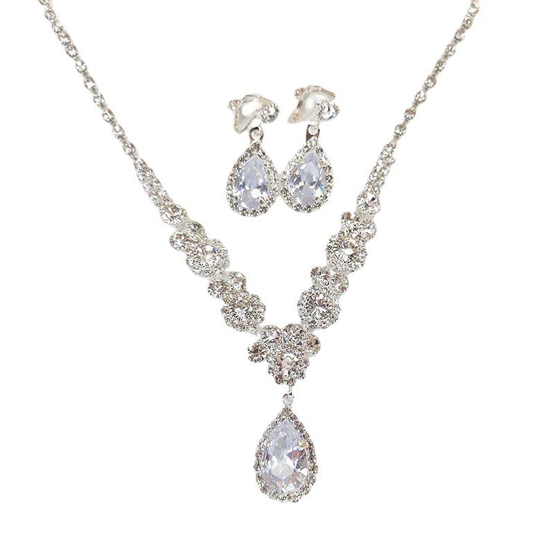 Three-Piece Rhinestone Zircon Bridal Jewelry Set: Tear Drop Necklace, Earrings & Bracelet