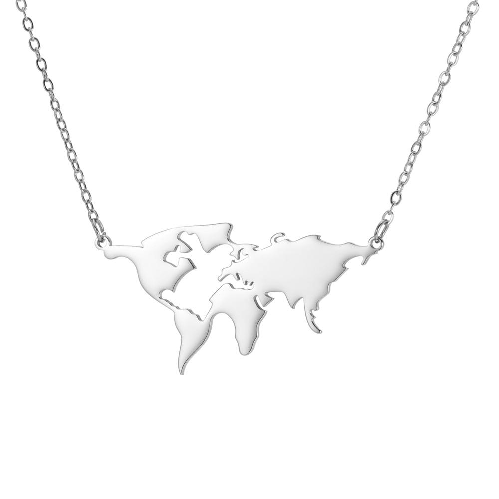  Globe World Map Outline Pendant Necklace for Women Stainless Steel Earth Day Worldwide Outdoor Traveler Jewelry Gifts
