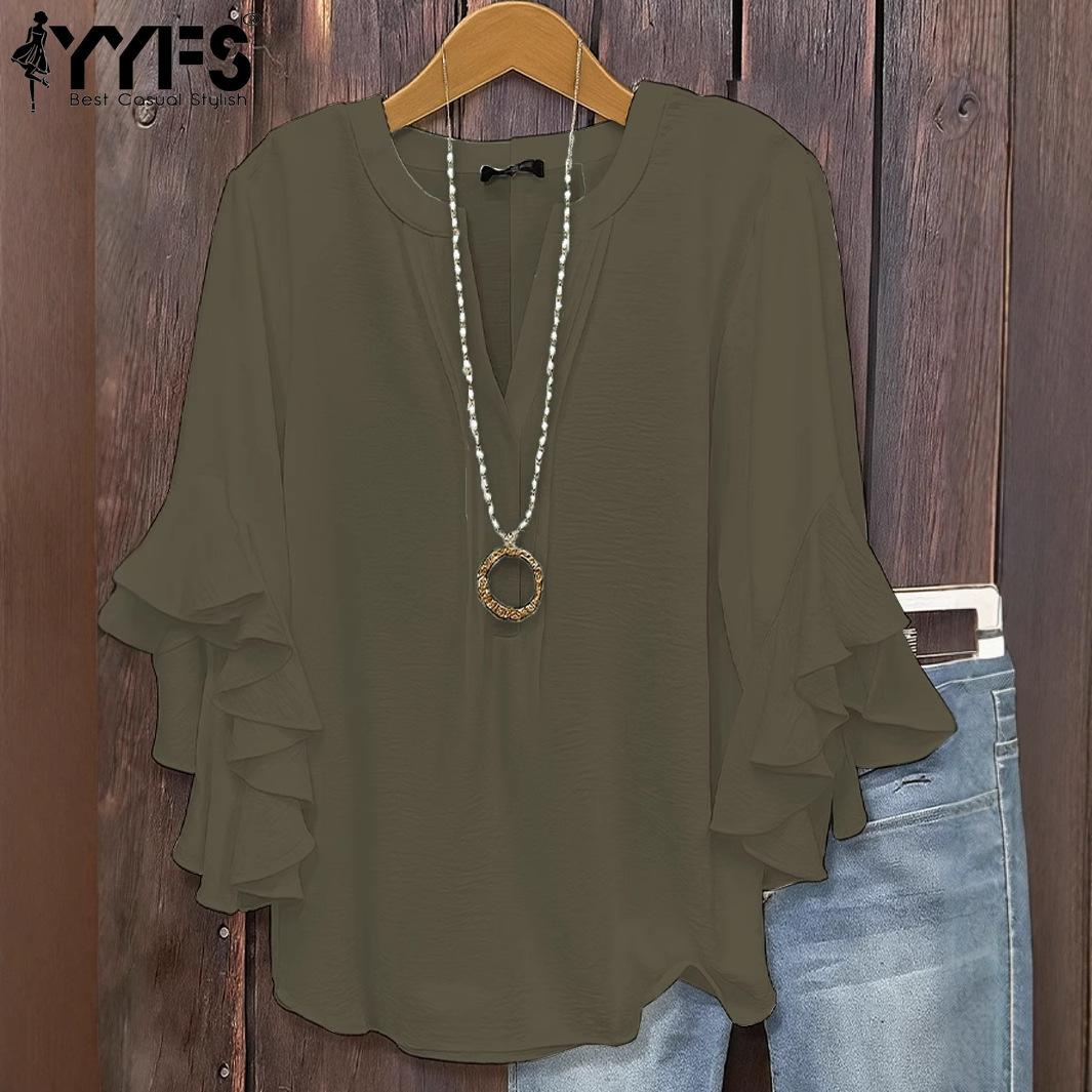 

YYFS Жіноча Мода Повсякденний Літній Весняний Однотонний Принт Рукав 3/4 V-подібний Виріз Блузи та Сорочки XXL армія зелений колір
