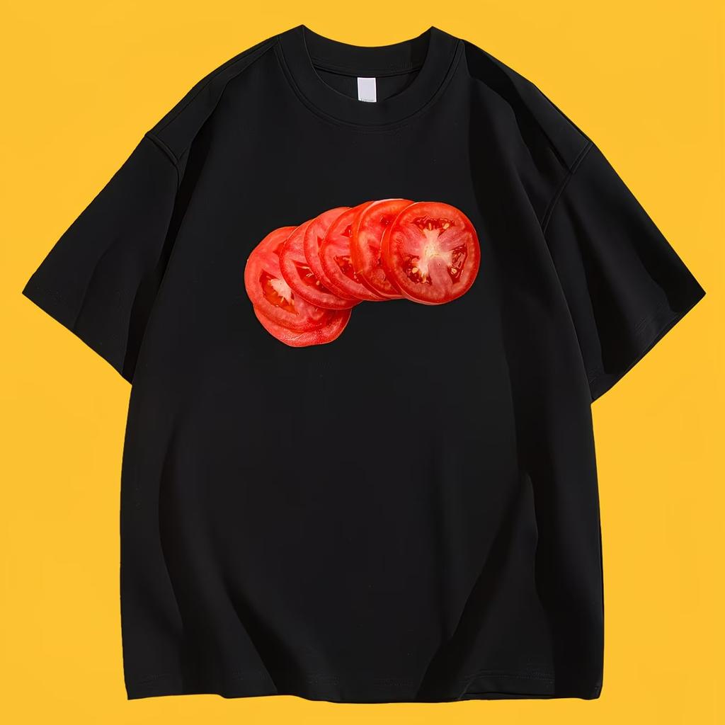 Aesthetic Tomato Slice TShirt Creative Fruit Graphic Tee Summer Short Sleeve Realistic Art Design Trendy Fashion Casual Tops
