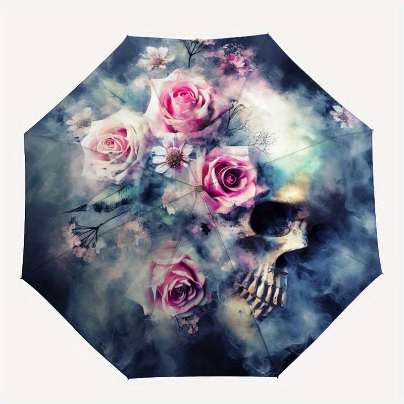 1pc Bouquet of Roses Entwined with the Veils of Death Pattern Automatic 3-Fold Umbrella, 8 Iron Frames, High-Value Folding Umbrella, Suitable for