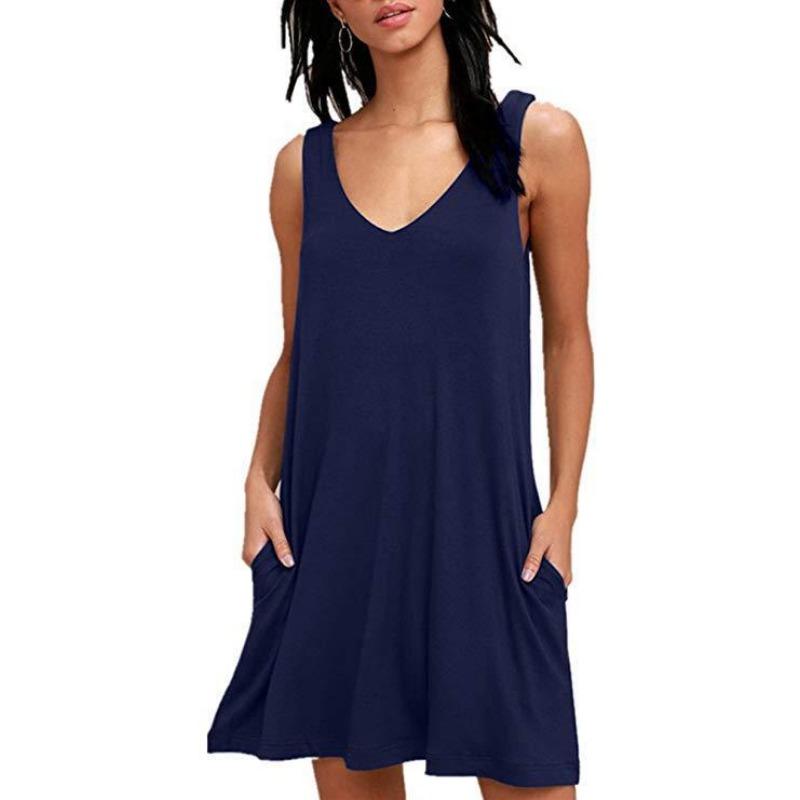 Summer Women's Dress V-neck Sleeveless Loose Casual Pocket Dresses