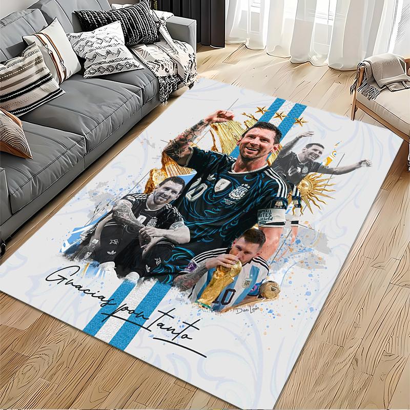 Sports Area Rug, Lionel Messi Argentina Gracias Por Tanto Black Jersey Three Stars Gold Print, Fan Decor, Non-Slip Mat