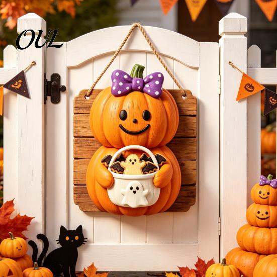 Ghost Wall Ornament Vintage Wooden Halloween Welcome Door Hanger, Pumpkin Skull Witch Farmhouse Hanger Sign, Hanging Decor for Front Porch Decoration