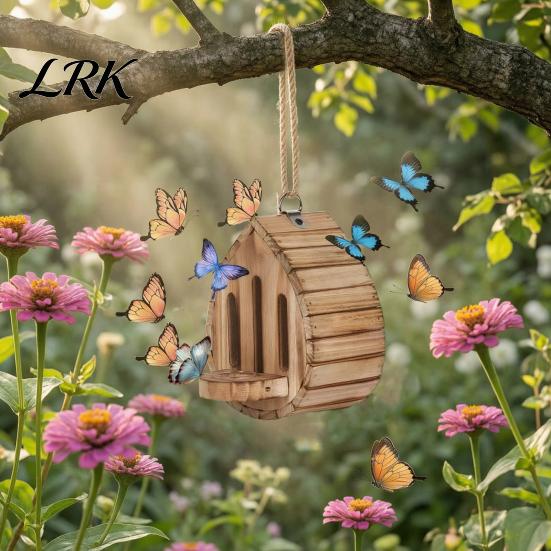 Butterfly Habitat Wooden House And Feeder, Outside Hanging Shelter, Wood Feeder Teardrop Shaped for Garden Decoration Pollinator