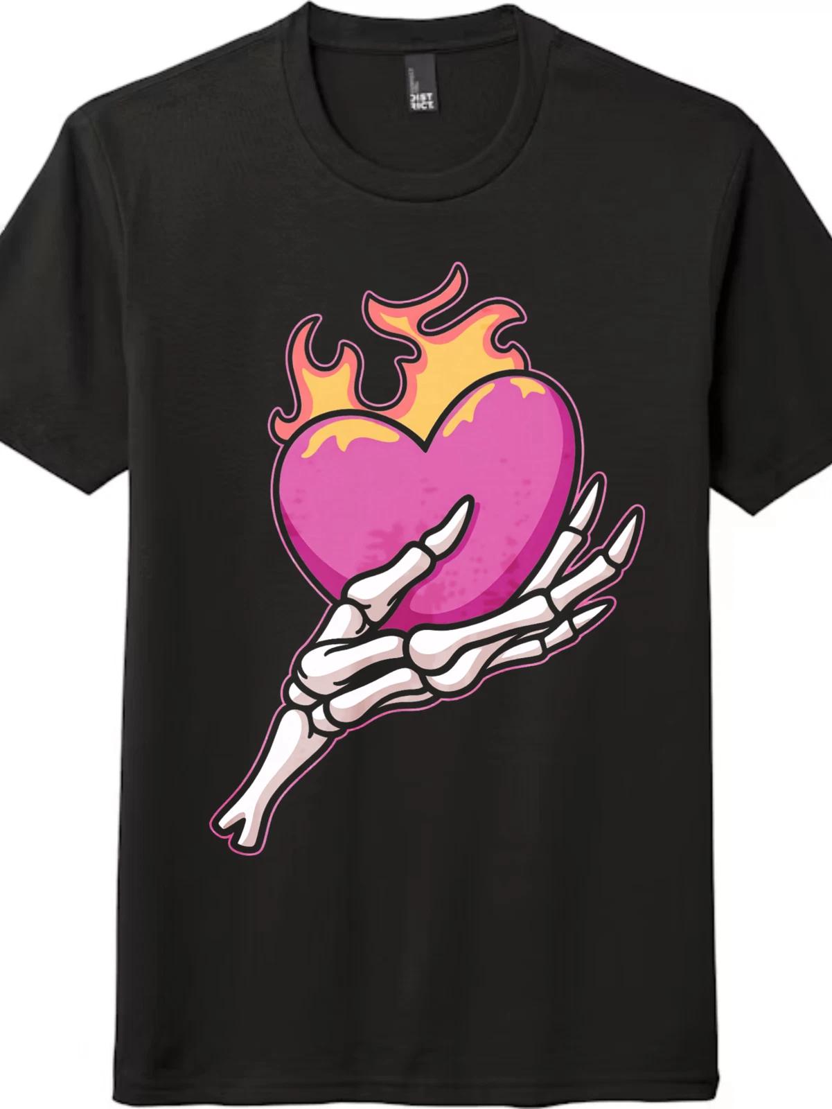 Edgy Flaming Heart Skeleton Hand kids boys T-Shirt - Unisex Gothic Y2K Cotton Graphic kids boy kids boy tee 110