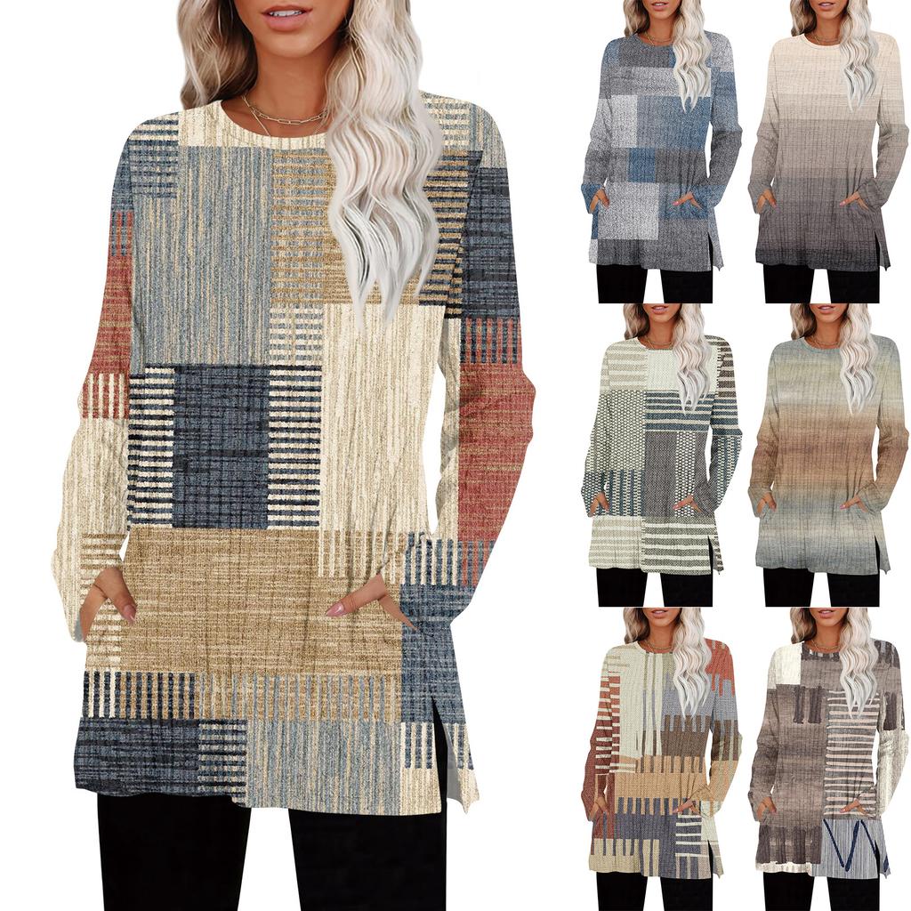 Womens Sweaters Crewneck Long Sleeve Shirts With Pockets Fall Outfits  Fashion Winter Clothing Side Slit