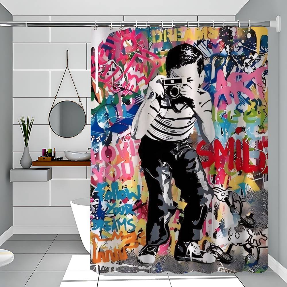 Perdea de duș Banksy Street Graffiti Peisaj de exterior Decor baie Vacanță de vară Perdea de baie din poliester cu cârlige