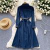 European and American retro style Polo collar denim dress women's winter belt thin single-breasted design temperament dress