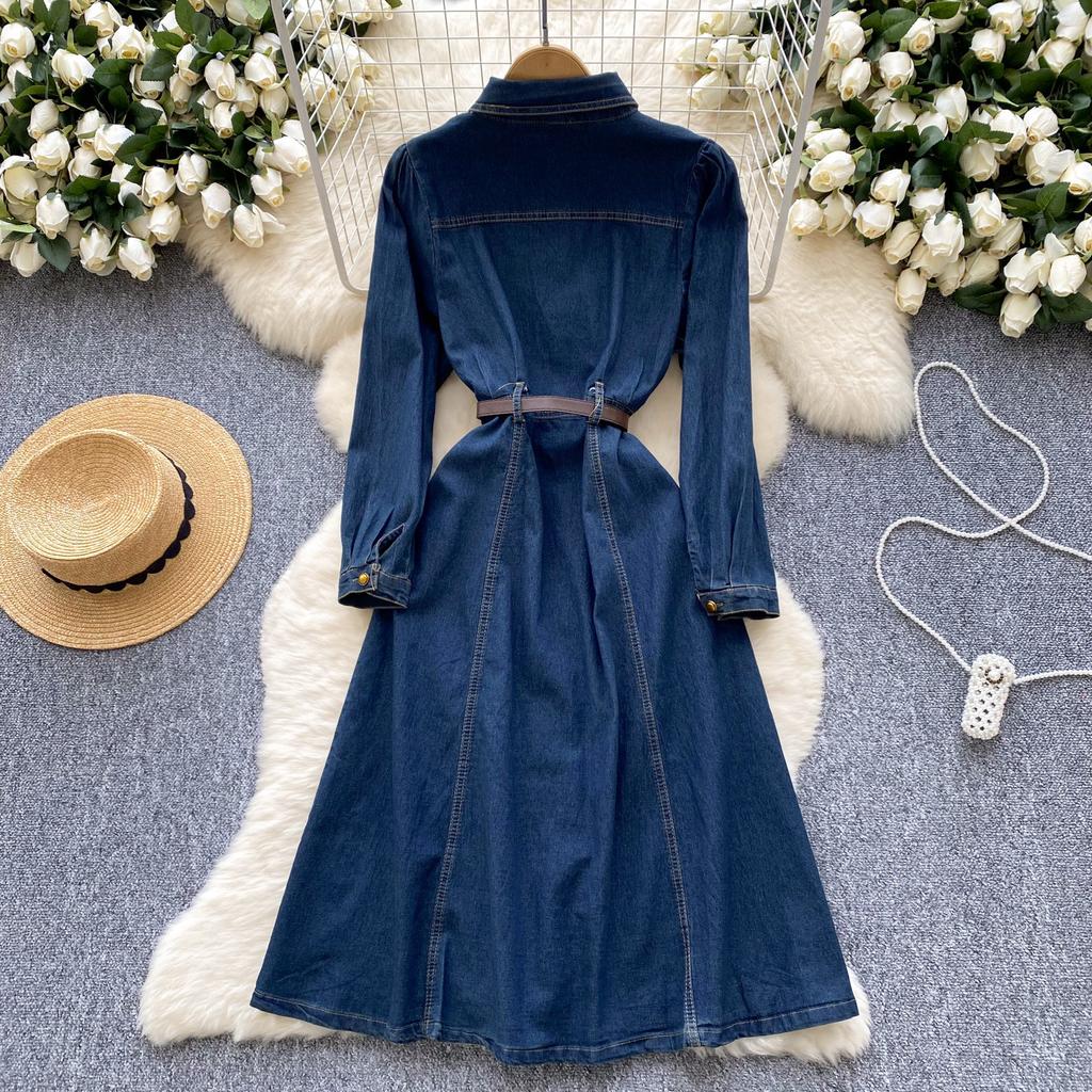 European and American retro style Polo collar denim dress women's winter belt thin single-breasted design temperament dress