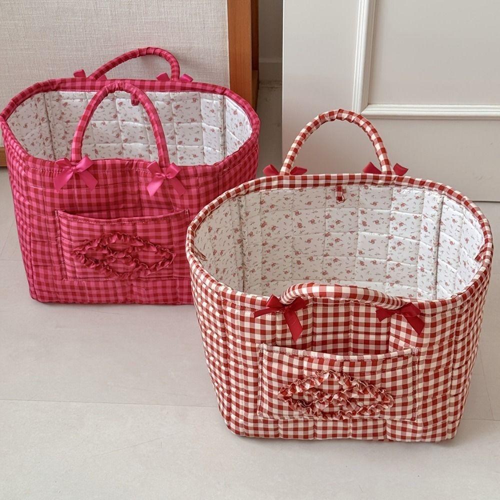 Handheld Red Plaid Storage Basket Large Capacity Clothes Toys Storage Basket Picnic