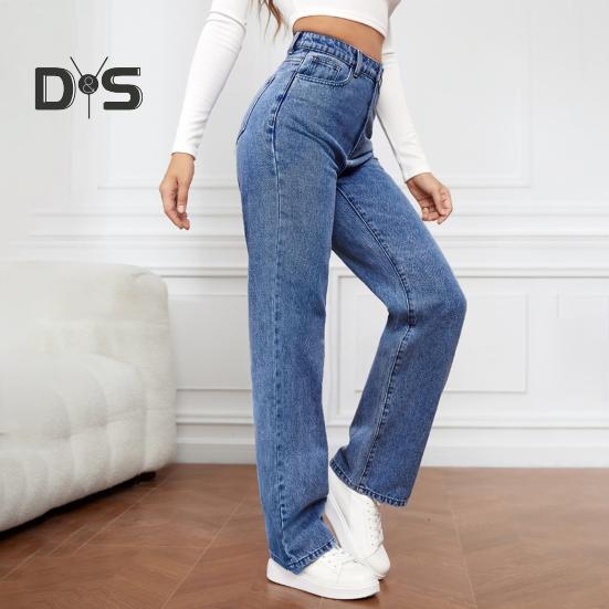 Dámské Džíny Vysoký pas Zip Zapínání na knoflík Jednobarevný Slim Fit Široká noha Retro Rovné kapsy Měkké stálobarevné Dámské Džínové kalhoty