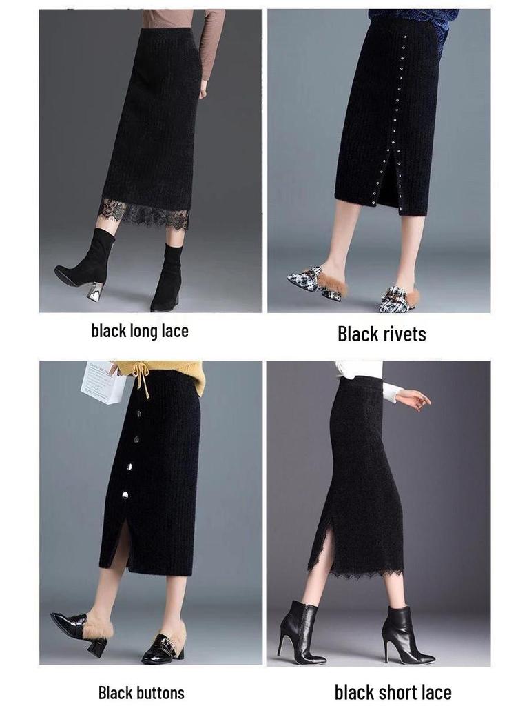 2022 Winter Faux Mink Velvet Midi Skirt with Split and Lace Detail