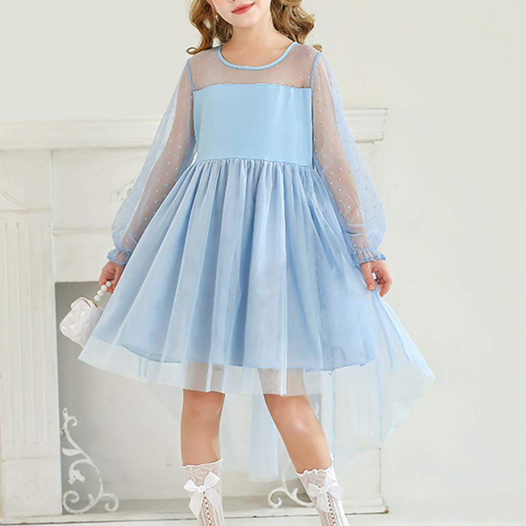 Girls Dresses Contrast Mesh Long Sleeve Twirly High Low Birthday Party Formal Dress