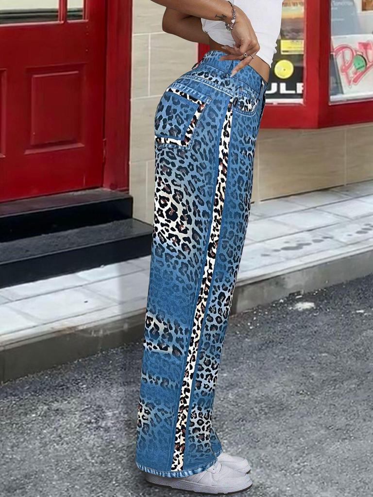 Unisex Retro Gradient Leopard Print Wide-Leg Jeans - Casual Straight Fit