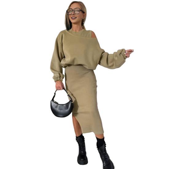 

2 шт./компл. Женский комплект платья-свитшота с круглым вырезом, длинным рукавом летучая мышь, свободный верх, приталенный крой, подол с разрезом, миди, повседневный, для通勤 S кофейный