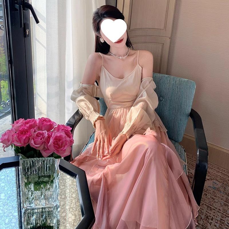 2026 Gradient Ruffle Fairy Dress: Elegant Spaghetti Strap with Cardigan - Trending Live Broadcast Item Medium