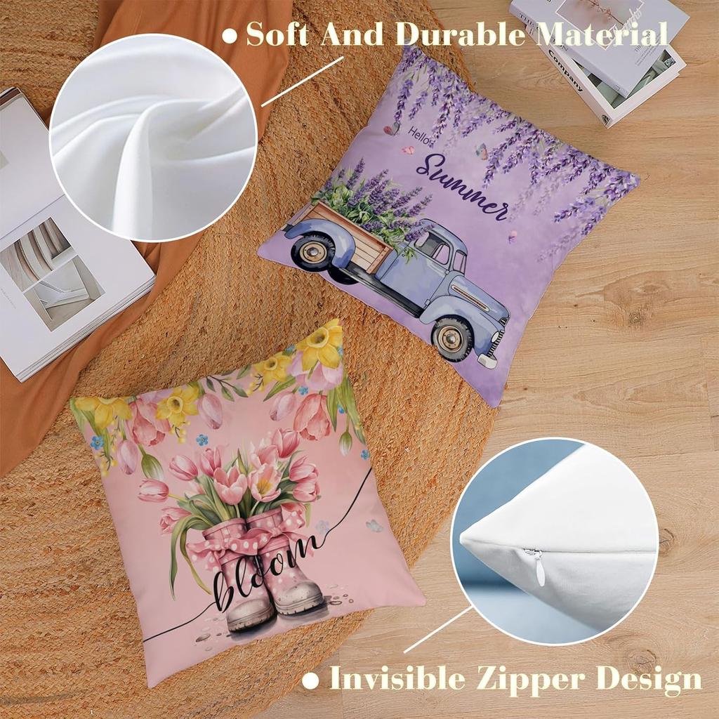 Spring Summer Pillow Covers Set Of 4 Floral Throw Pillow Covers Hello Sunshine Flower Cushion Covers Square Soft Pillow Cases