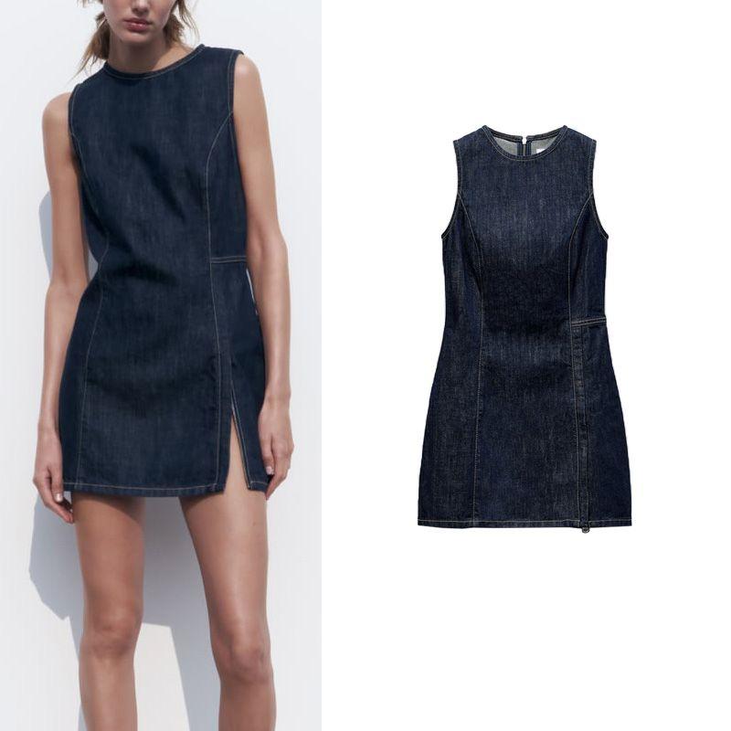Spring and Summer New Arrival Women's Clothing Fashion Style Waist-Tight Slim Looking Sleeveless Slit Hemline At Hem Denim Dress 3643080