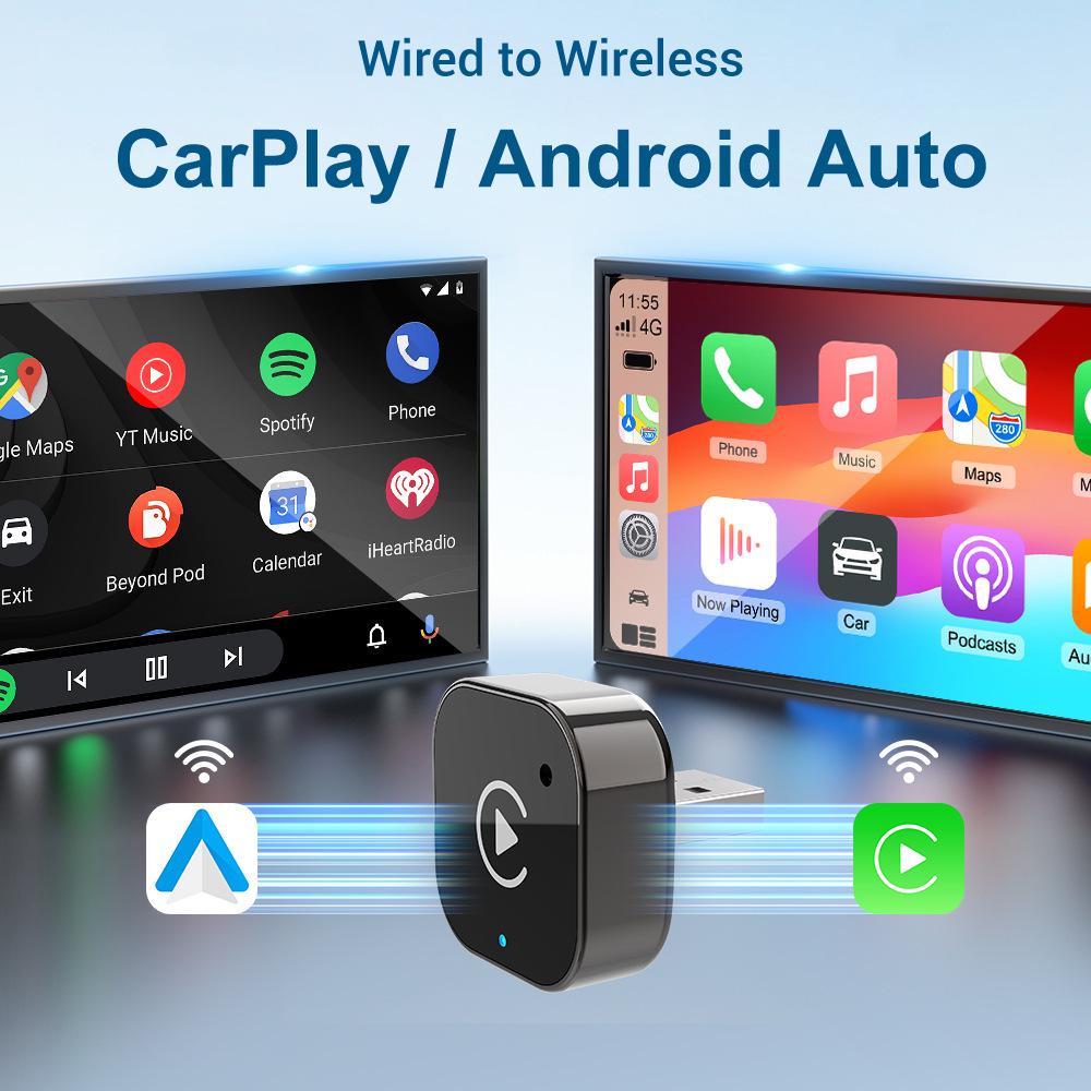 Wireless CarPlay Adapter for Smart Car Connectivity, Compatible with Apple & Android.