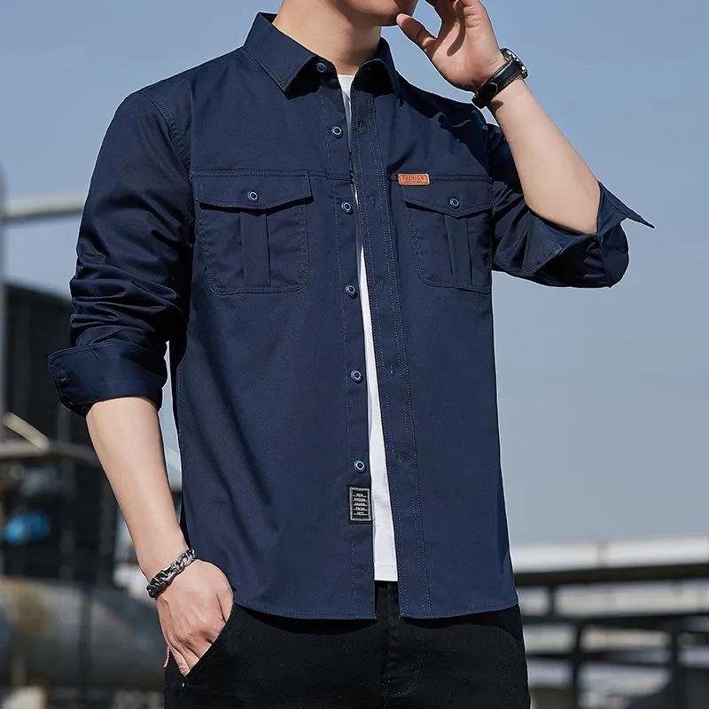 Cotton Cargo Shirt for Men Long Sleeve 2 Pocket Shirts Outdoor Casual Blouses Clothing Overshirt