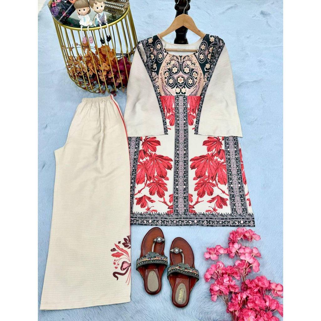 *Launching New  Đěsigner Party Wear Look Pur Natural Crepe Top&plazzo Co-ords Set*