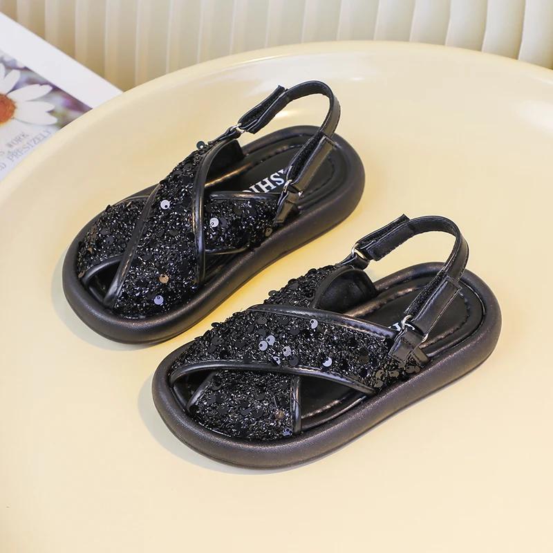Girls' Peep Top Beach Shoes with Sparkling Sequins 2024 Summer Kids Versatile Princess Sandals Girls Fashion Sandals Outdoors