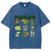 Neutral Summer Retro Washed T-shirt Cartoon Printed Short Sleeved Retro T-shirt Fashionable Round Neck T-shirt