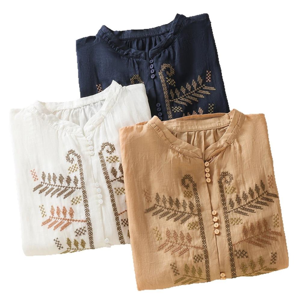 2025 summer new natural wind leaf embroidered cotton and linen shirt women's retro stand-up collar seven-quarter sleeve cardigan top