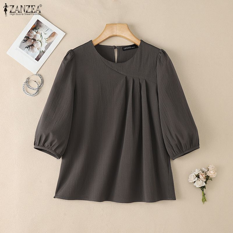 ZANZEA Blouse Décontractée Femme Col Rond Couleur Unie Manches 3/4