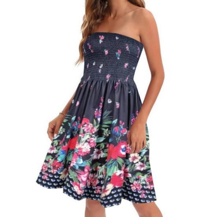 Abito estivo senza spalle da donna, a fascia, senza maniche, schiena scoperta, stile bohémien, stampa floreale, linea ad A, elastico sul busto, lunghezza al ginocchio, abito da spiaggia per le vacanze