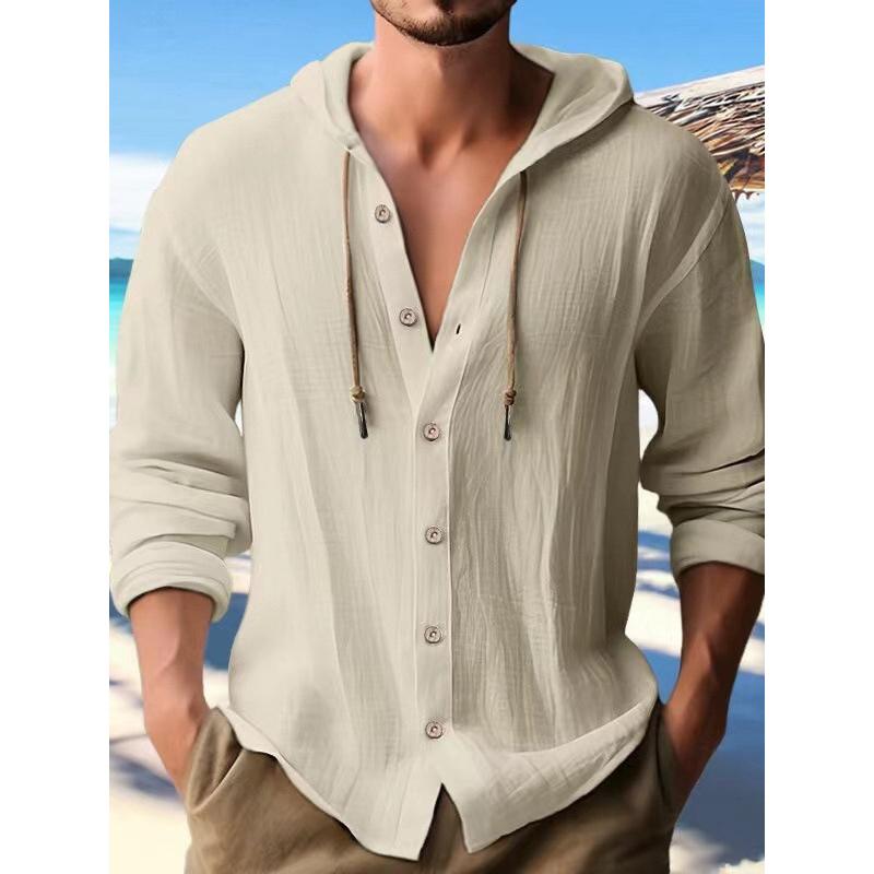 New Fashion Spring-Summer Men Hooded Shirt, Solid Color Cotton-Linen Casual Long-Sleeve Top