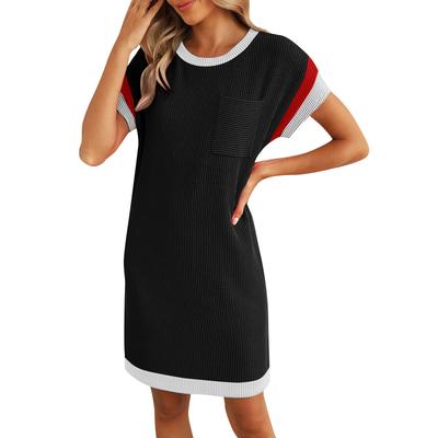 Damen Lässiges Kontrastfarben Gestreiftes Rundhals T-Shirt Kleid