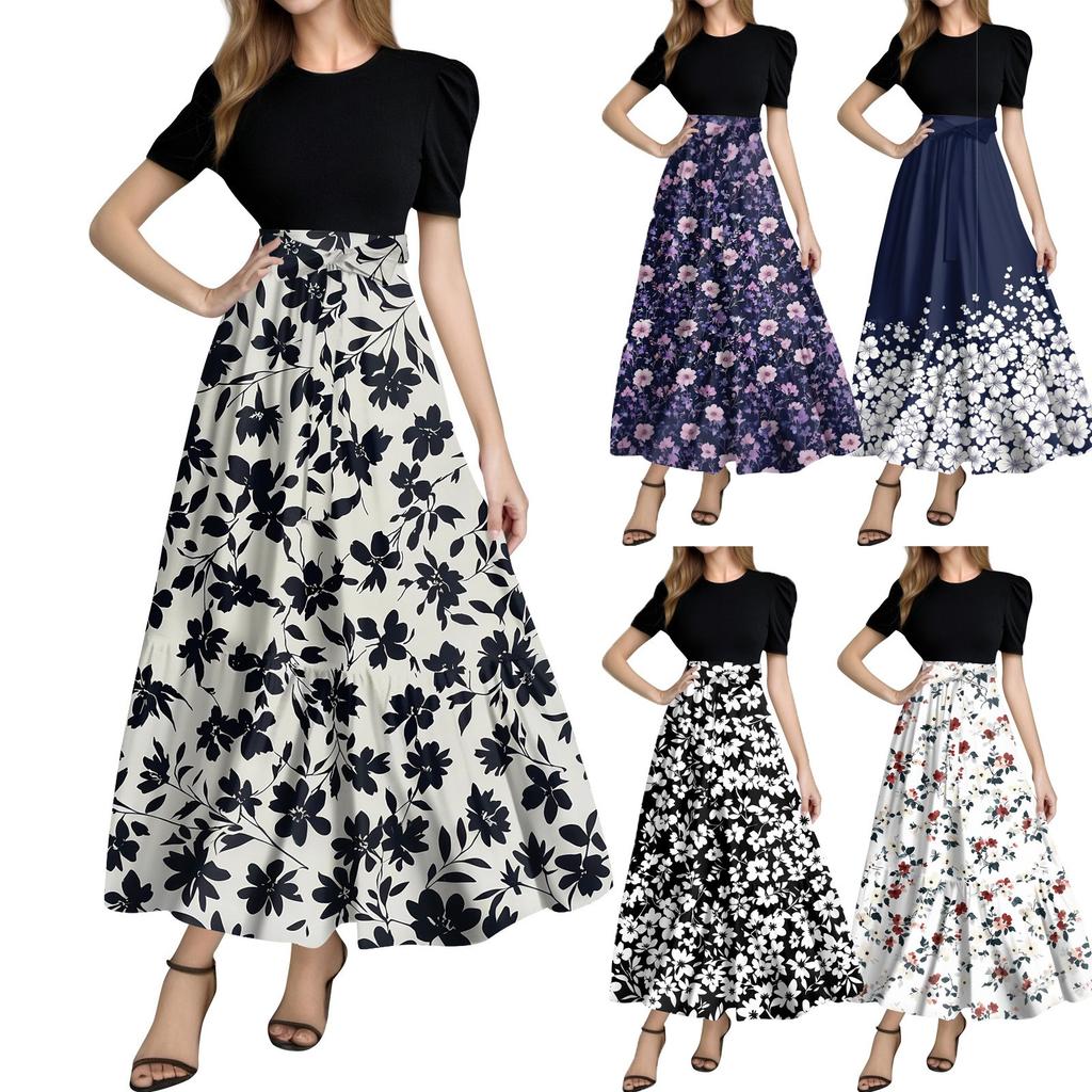 Women's Fashion Casual Belt Short Sleeve Round Neck Print Stitching Elegant Temperament Dress
