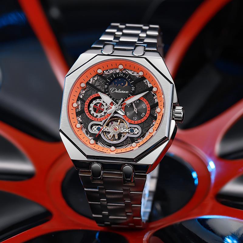 Men's Tourbillon Hollow Automatic Mechanical Watch Waterproof Luminous 24-hour Moon Phase Carved Dial Men's Exquisite Gift Fashion Watch