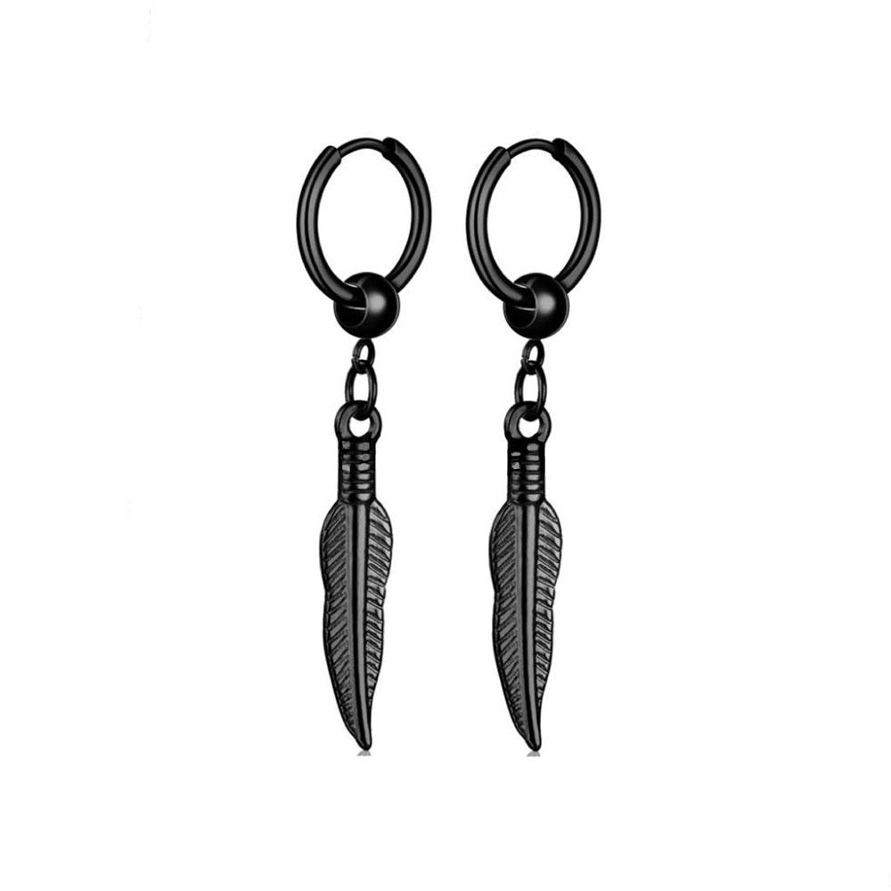 2pcs/set Black Or Silvery Unisex Punk Stainless Steel Cross Cone Feather Chain Pendant Hoop Earrings Ear Stud Jewelry Set