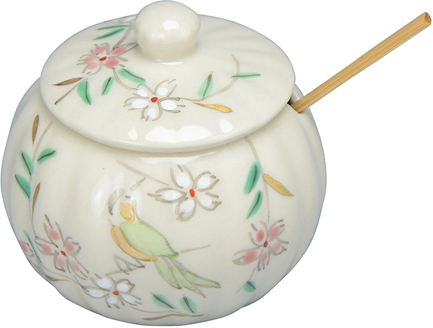 

Kyoto ware/Kiyomizu ware spice container, white, 5.5cm diameter, Shisen Kiln, with bamboo spoon (presentation box), floral and bird design, sbi005