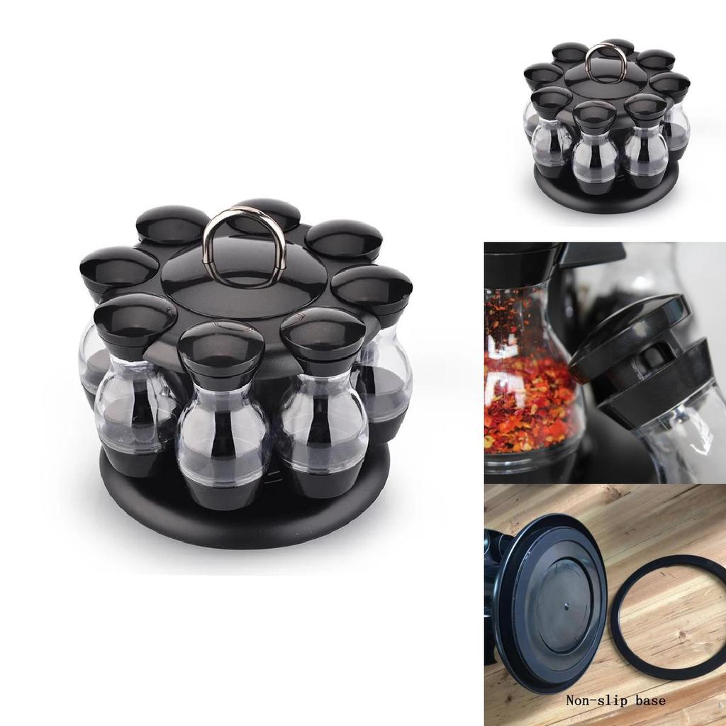 Modern Rotatable Spice Organizer With Black Material For Home Kitchen And Gourmet Cooking