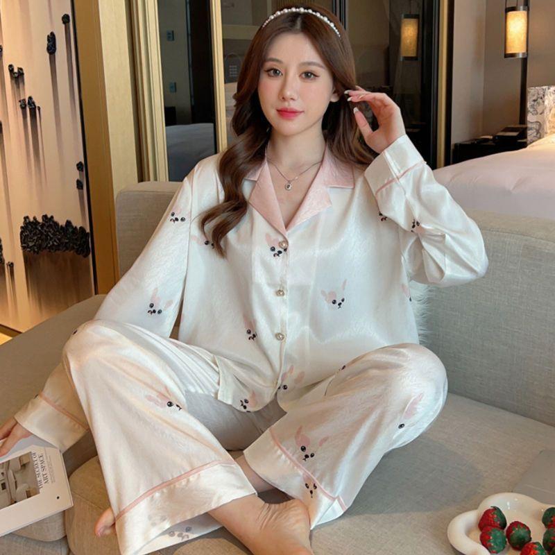 Silk Pajamas Women's Long Sleeve Cardigan Long Pants Pajamas Set Printed Kawaii Clothes Home Clothes