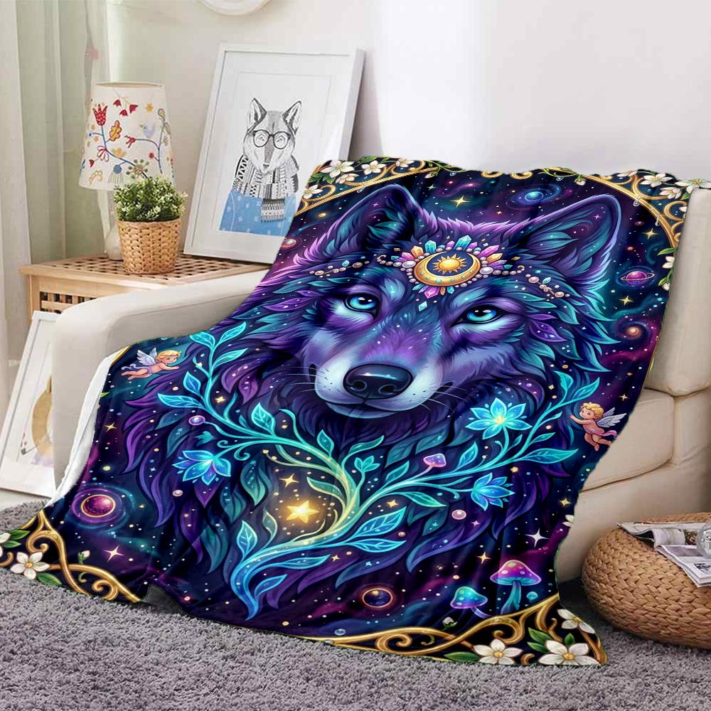 1Pc Wolf Spirit Fantasy Flannel Blanket, Soft And Comfortable, Casual Warm, Camping Travel, Christmas, Halloween Xmas Gift. G185