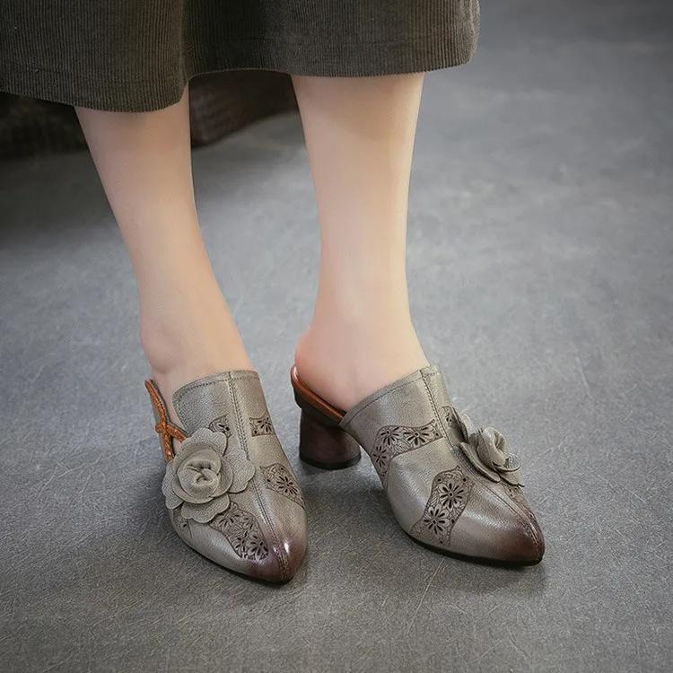 Johnature Vintage Genuine Leather Handmade Flower High Heel Slippers Pointed Toe Women's Shoes