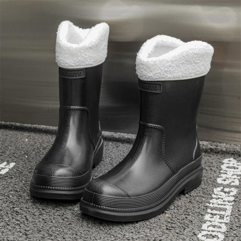 Non-slip women's rain shoes adult medium tube women's waterproof water shoes outdoor kitchen work rain boots velvet rubber shoes