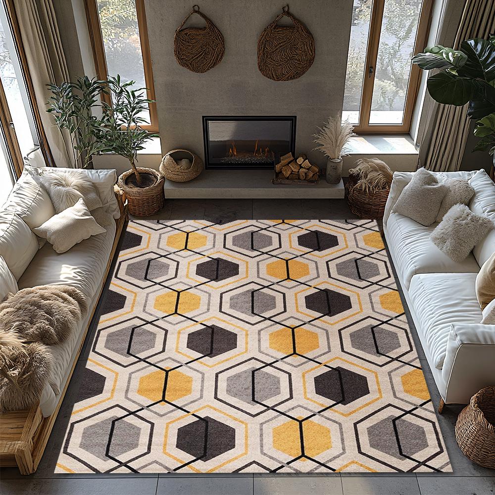 Yellow Gray Geometric Bohemian Rug, Modern Pattern Non-Slip Carpet, Cozy Living Room Mat for Scandinavian Decor