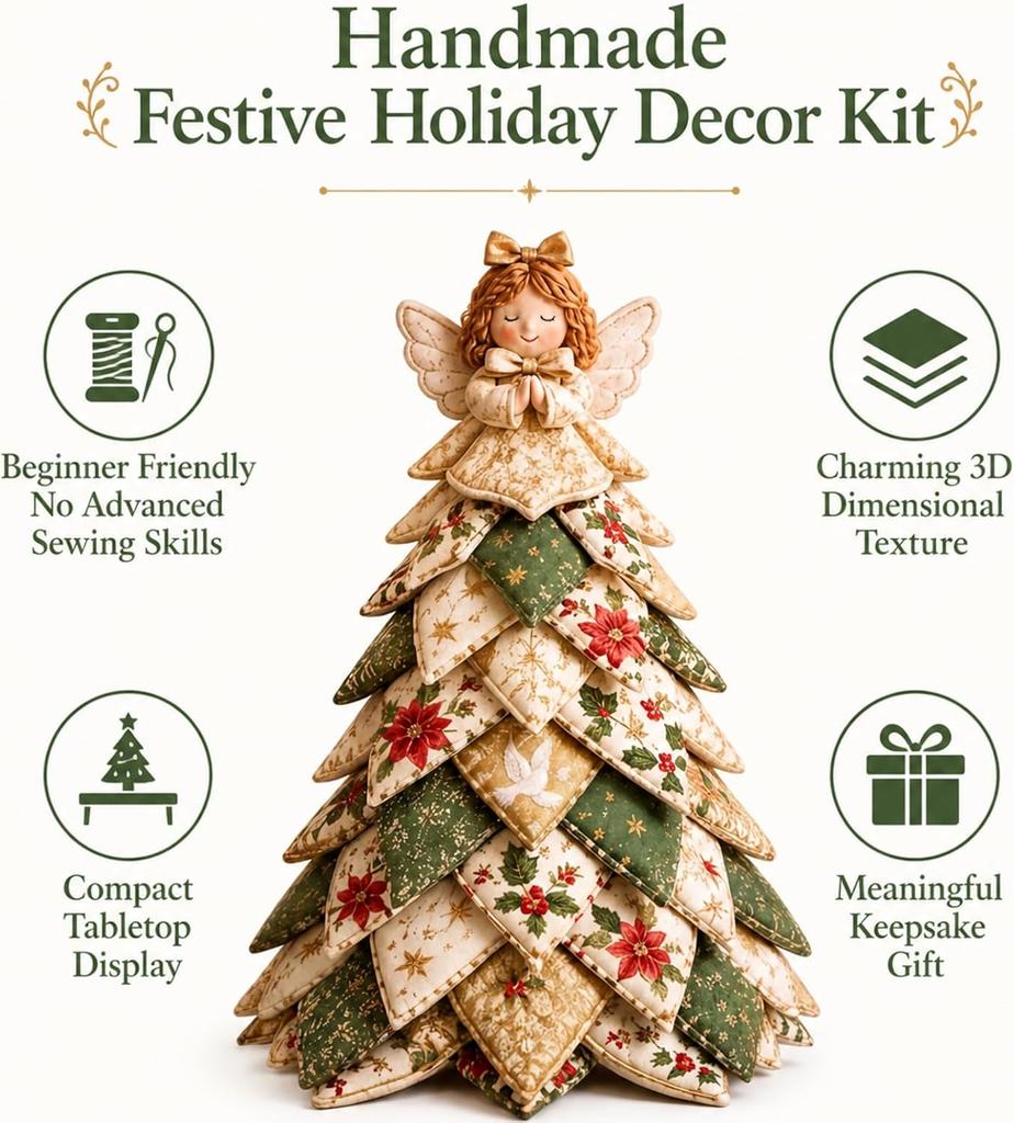 DIY 3D Patchwork gesteppter Weihnachtsbaum Bausatz 30cm Stoff Feiertags Tischdekoration mit austauschbarem oberem Ornament Rot kariert Bauernhaus Handgefertigt