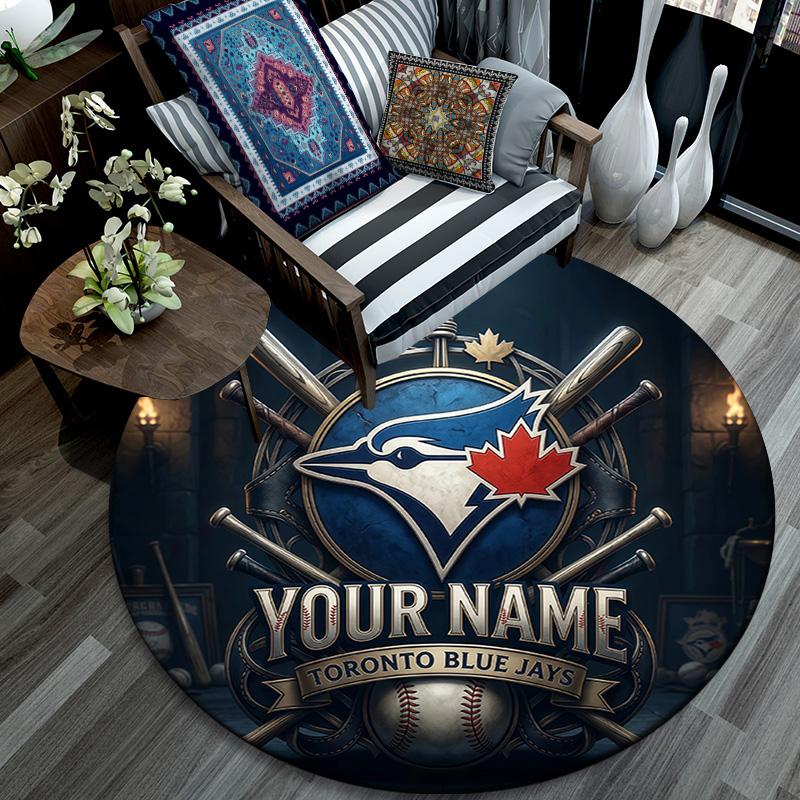 Custom Name Toronto Blue Jays Round Area Rug,Carpet Rug for Living Room Bedroom Sofa Playroom Decor,Non-slip Floor Mat