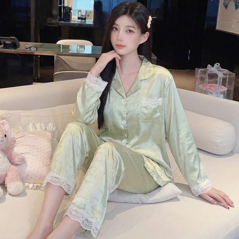 Summer Thin Pajamas Women'S Ice Silk French Style Long-Sleeved Trousers Cool Jacquard Loungewear